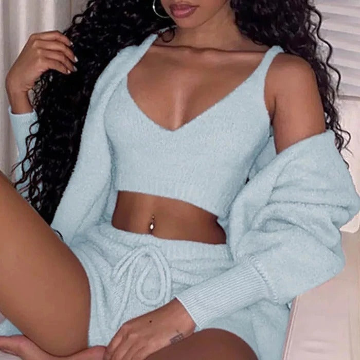3pcs Womens Clothing Long Sleeve Crop Tank Top And Drawstring Shorts Pajama Set Silicone Back Scrub Bath Brush