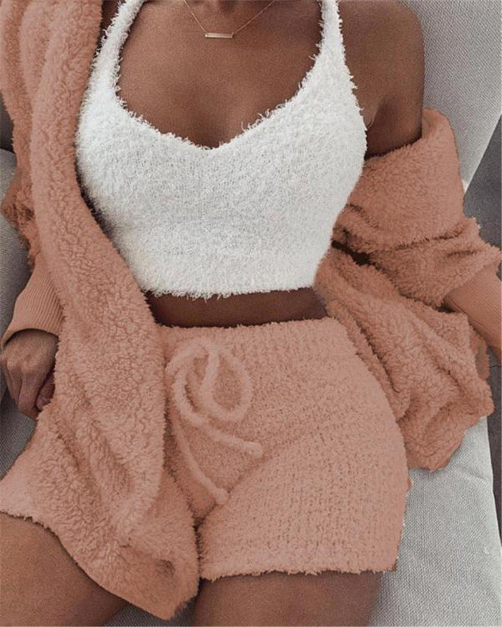 3pcs Womens Clothing Long Sleeve Crop Tank Top And Drawstring Shorts Pajama Set Silicone Back Scrub Bath Brush