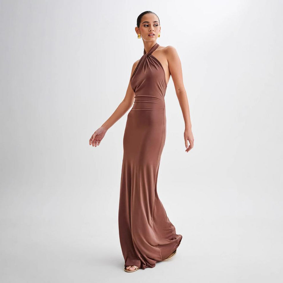 Ins Bodycon Halter Dress Sexy Backless Slim Fit Waist Slimming Maxi Dresses Prom Party Club Clothing For Women Silicone Back Scrub Bath Brush