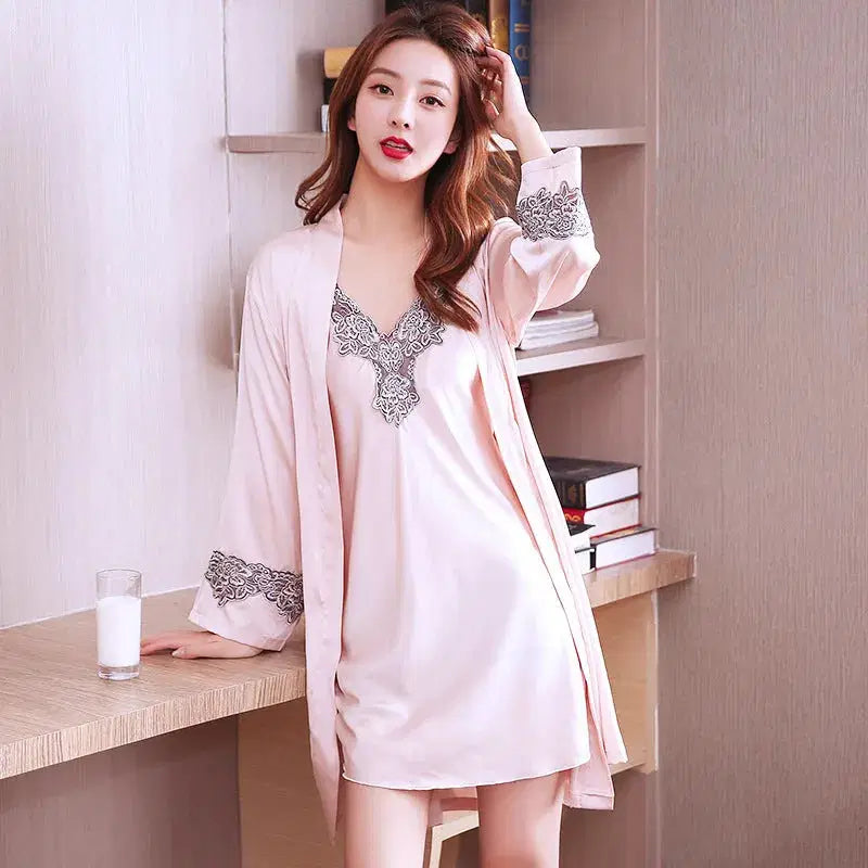 Summer Silk Women&#039;s Pajamas Summer Spring And Autumn Sexy Thin Ice Silk Nightdress Ladies Spring And Summer Bathrobe Nightgown Bathrobe