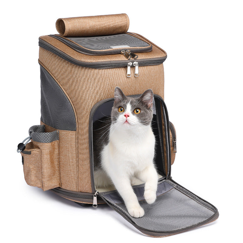 Portable Folding Trolley Pet Backpack Traveling Cat Backpack With Universal Wheel Trolley Pet Bag Silicone Back Scrub Bath Brush