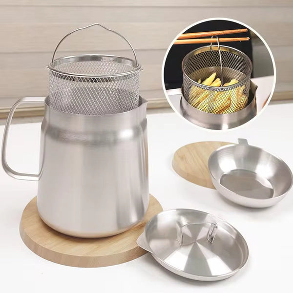 BLYNTRA™ 304 Stainless Steel Oil Filter Pot – Large Capacity + Fry Basket Silicone Back Scrub Bath Brush