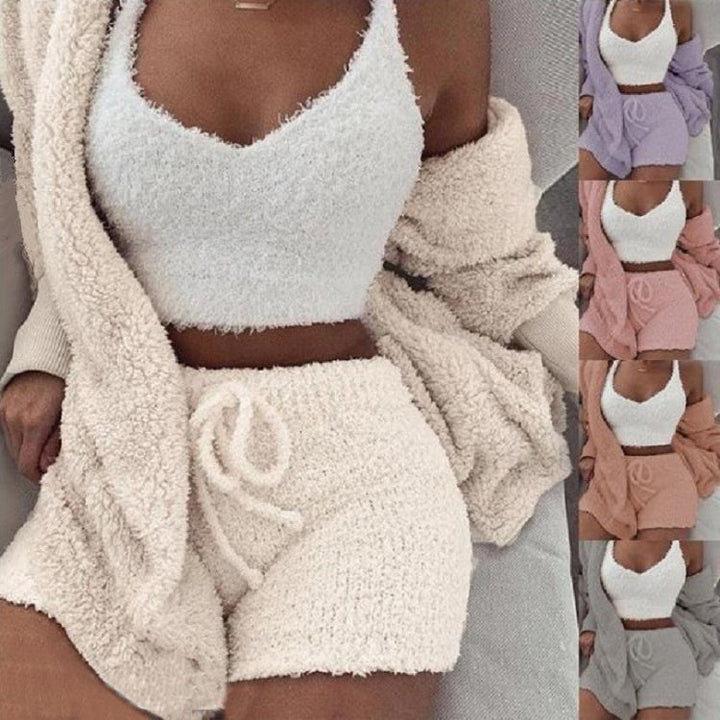 3pcs Womens Clothing Long Sleeve Crop Tank Top And Drawstring Shorts Pajama Set Silicone Back Scrub Bath Brush