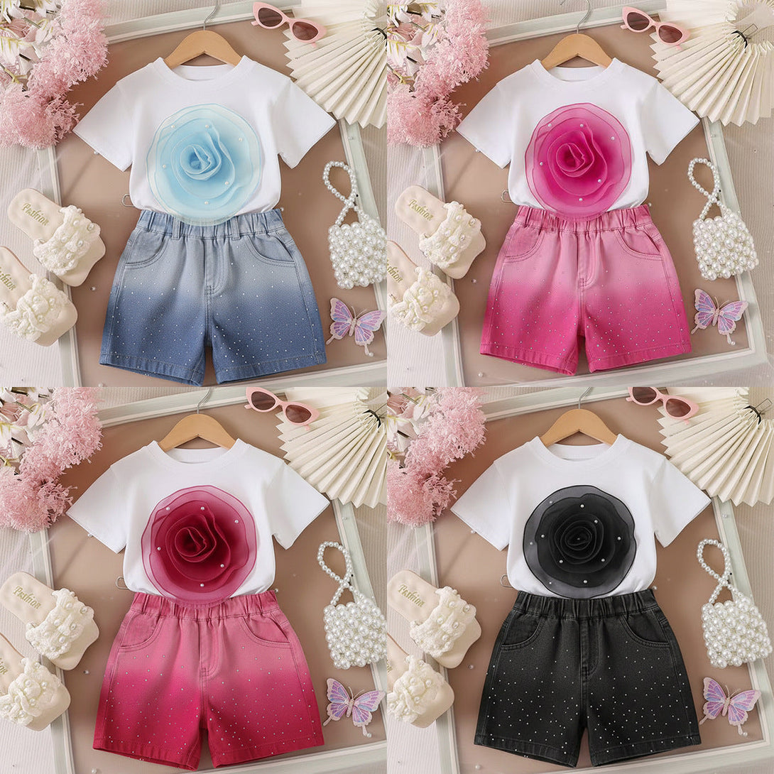 T-shirt Gradient Denim Shorts Two-piece Set Silicone Back Scrub Bath Brush
