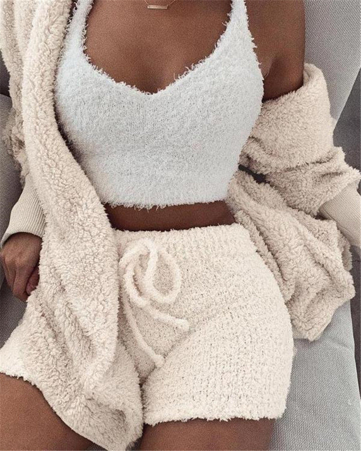 3pcs Womens Clothing Long Sleeve Crop Tank Top And Drawstring Shorts Pajama Set Silicone Back Scrub Bath Brush