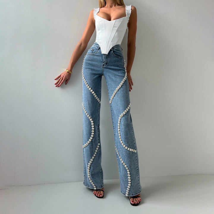 Loose Straight Leg Jeans And Fashionable Casual Pants With A Rhine Stone Denim Design Around Them Suitable For Women Silicone Back Scrub Bath Brush