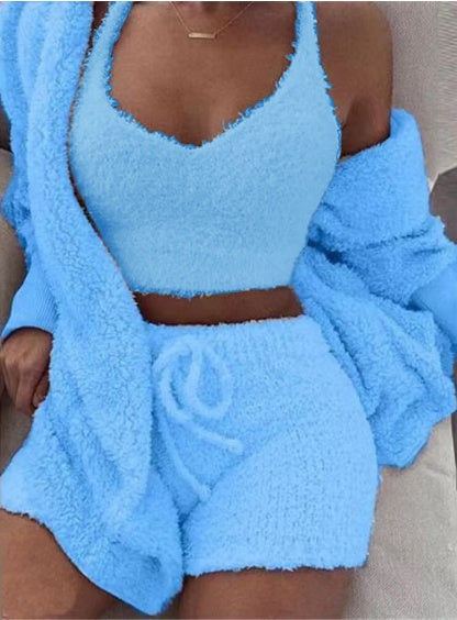 3pcs Womens Clothing Long Sleeve Crop Tank Top And Drawstring Shorts Pajama Set Silicone Back Scrub Bath Brush