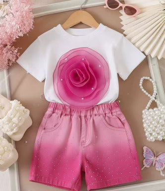 T-shirt Gradient Denim Shorts Two-piece Set Silicone Back Scrub Bath Brush