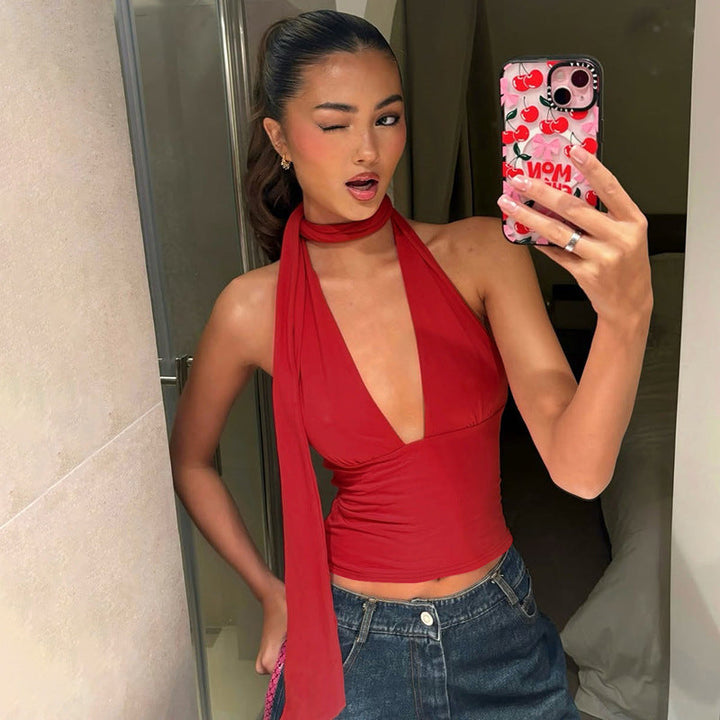 Y2K Deep V-Neck Halter Top BLYNTRA