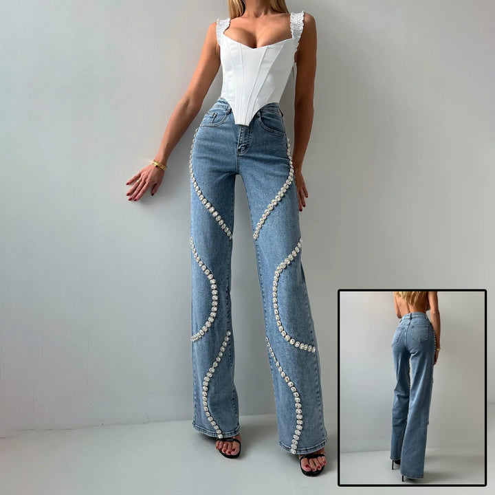 Loose Straight Leg Jeans And Fashionable Casual Pants With A Rhine Stone Denim Design Around Them Suitable For Women Silicone Back Scrub Bath Brush