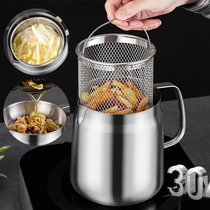 BLYNTRA™ 304 Stainless Steel Oil Filter Pot – Large Capacity + Fry Basket Silicone Back Scrub Bath Brush