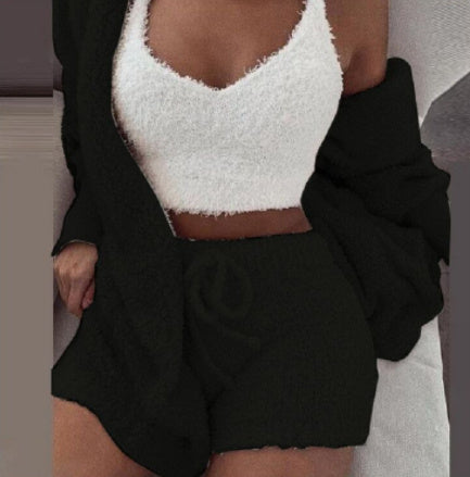 3pcs Womens Clothing Long Sleeve Crop Tank Top And Drawstring Shorts Pajama Set Silicone Back Scrub Bath Brush