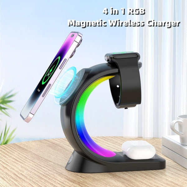 4 In 1 Magnetic Wireless Charger Fast Charging For Smart Phone Atmosphere Light Charging Station For Airpods Pro I-phone Watch Silicone Back Scrub Bath Brush