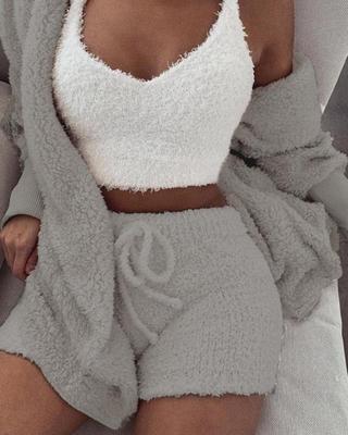3pcs Womens Clothing Long Sleeve Crop Tank Top And Drawstring Shorts Pajama Set Silicone Back Scrub Bath Brush