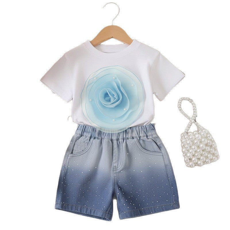 T-shirt Gradient Denim Shorts Two-piece Set Silicone Back Scrub Bath Brush