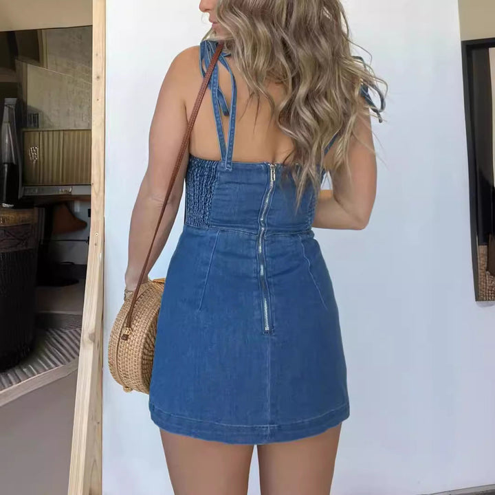 Square Neck Suspender Split Denim Dress With Back Zipper Design Summer Fashion Slim Sling Short Dresses For Women Silicone Back Scrub Bath Brush