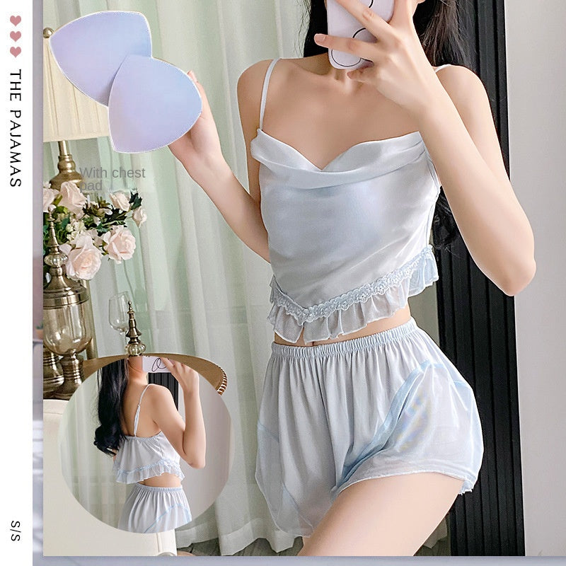 Summer New Silk Sling Shorts Cool And Comfortable Pajamas Suit With Chest Pad Sling Home Clothes Pajamas