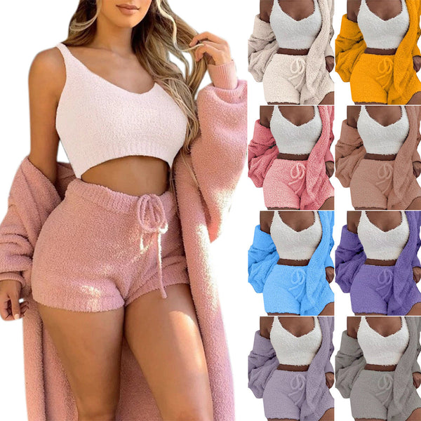 3pcs Womens Clothing Long Sleeve Crop Tank Top And Drawstring Shorts Pajama Set Silicone Back Scrub Bath Brush
