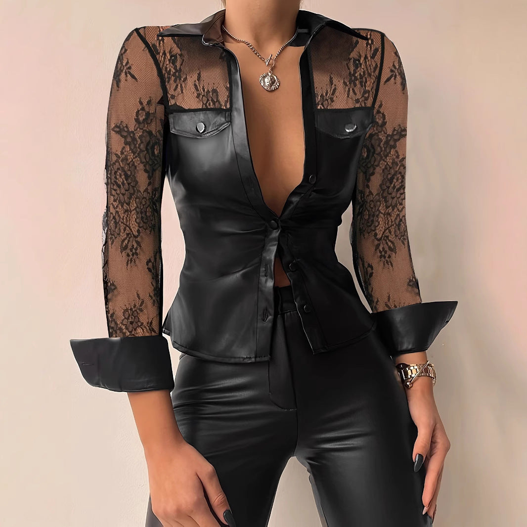 BLYNTRA Lace Stitching Faux Leather Shirt – Chic & Bold BLYNTRA