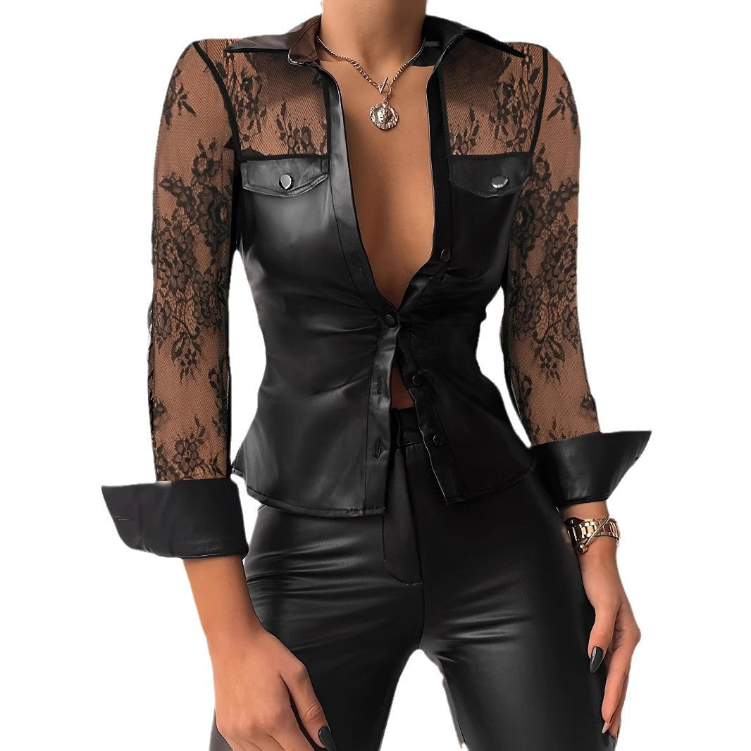 BLYNTRA Lace Stitching Faux Leather Shirt – Chic & Bold BLYNTRA