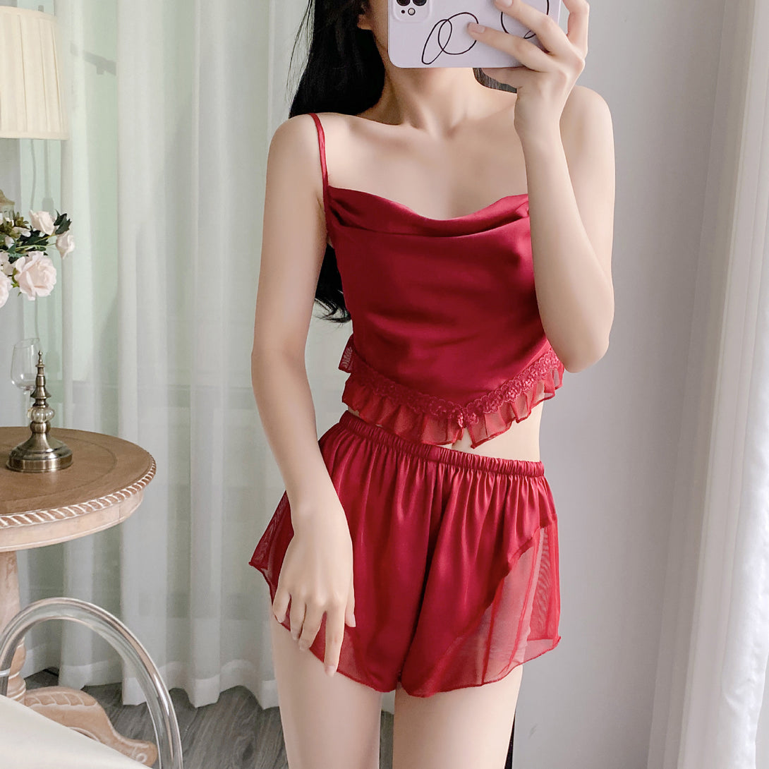 Summer New Silk Sling Shorts Cool And Comfortable Pajamas Suit With Chest Pad Sling Home Clothes Pajamas