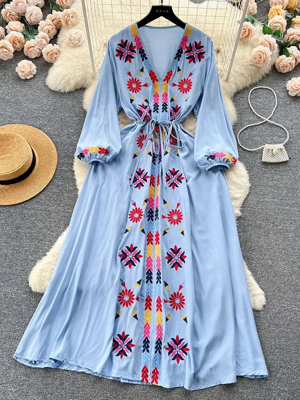 Women Spring Summer Vestidos French Sweet Embroidered V-Neck Drawstring Waist Wrap Retro Ethnic Style Fake Big Swing Dress D5823 SHOPPING HUB