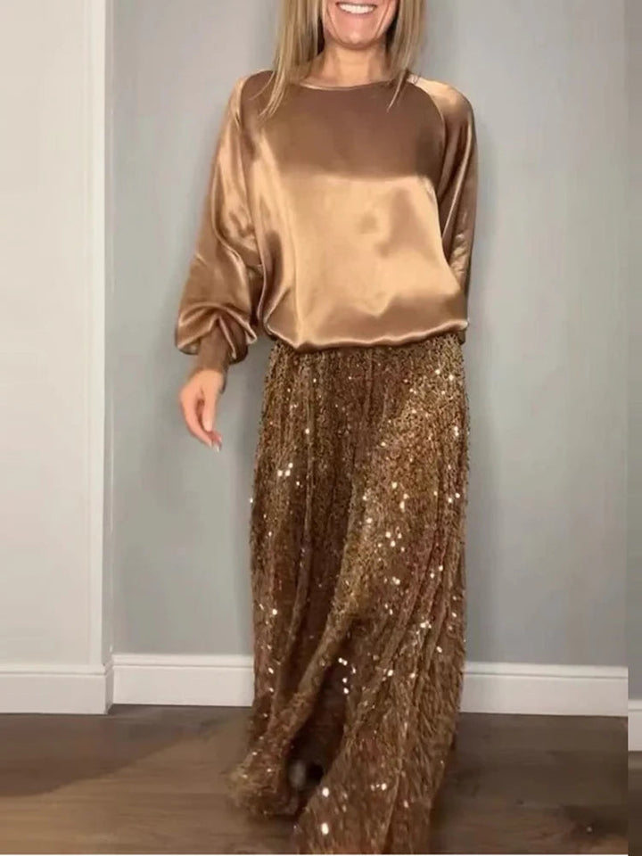 Elegant Satin round Neck Sweatshirt & Sequined Skirt Set Retro Solid Color Sequin Elastic Waist Skirt Suit For Women Outfits New SHOPPING HUB