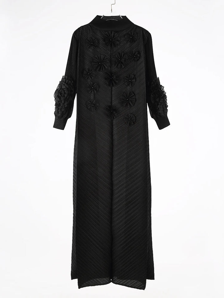 Miyake Fold 2025 Spring/summer New Long Dress Solid Color Nail Beaded Applique Bubble Sleeve Disc Flower Elastic Half-neck Dress SHOPPING HUB
