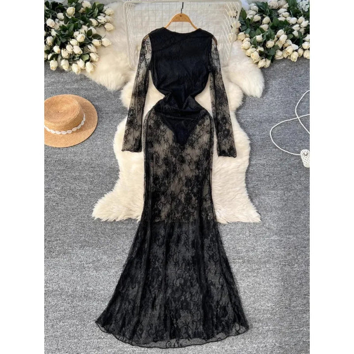 Sexy Dresses Women 2024 European American Dress Autumn Winter New See Through Lace Slim Fit Hip Hugging Long Vestidos SHOPPING HUB
