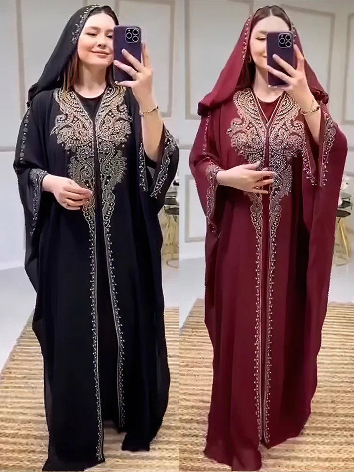 Eid Muslim Dress for Women Hooded Abaya 2 Piece Set Diamond Jalabiya Morocco Party Dresses Dubai Abayas Kaftan Vestido Long Robe SHOPPING HUB