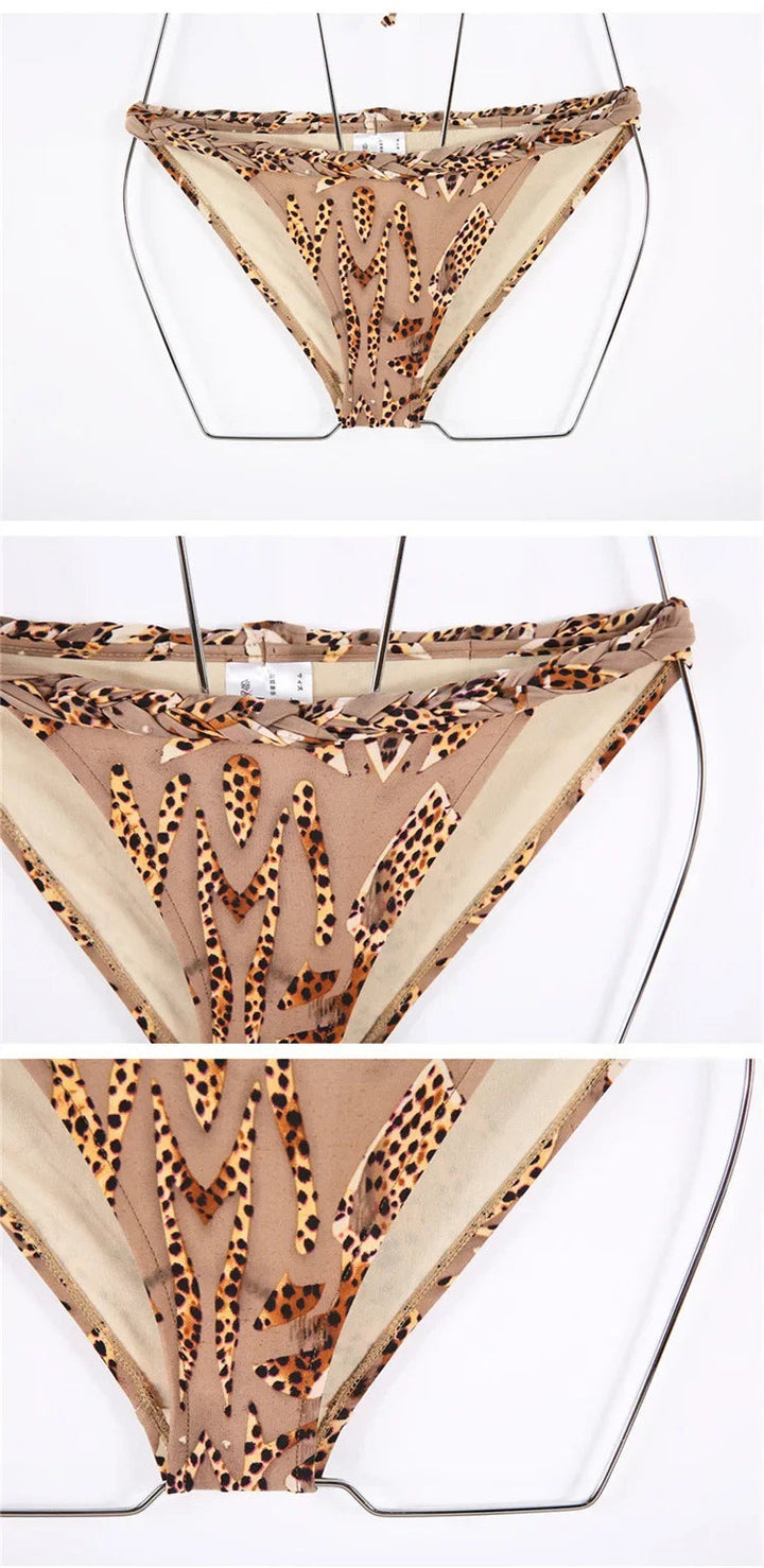 Sexy Leopard Print Bikini Set Three-Point Swimsuit with Skirt Twisted Braided Hair Dolphin Tail Separate Swimwear for Women BLYNTRA