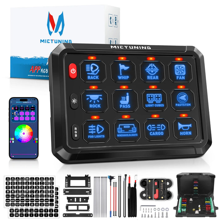 MICTUNING Switch Panel 12v RGB caravan control panels with APP Control LED On-Off Switch Controller Electronic Relay System BLYNTRA
