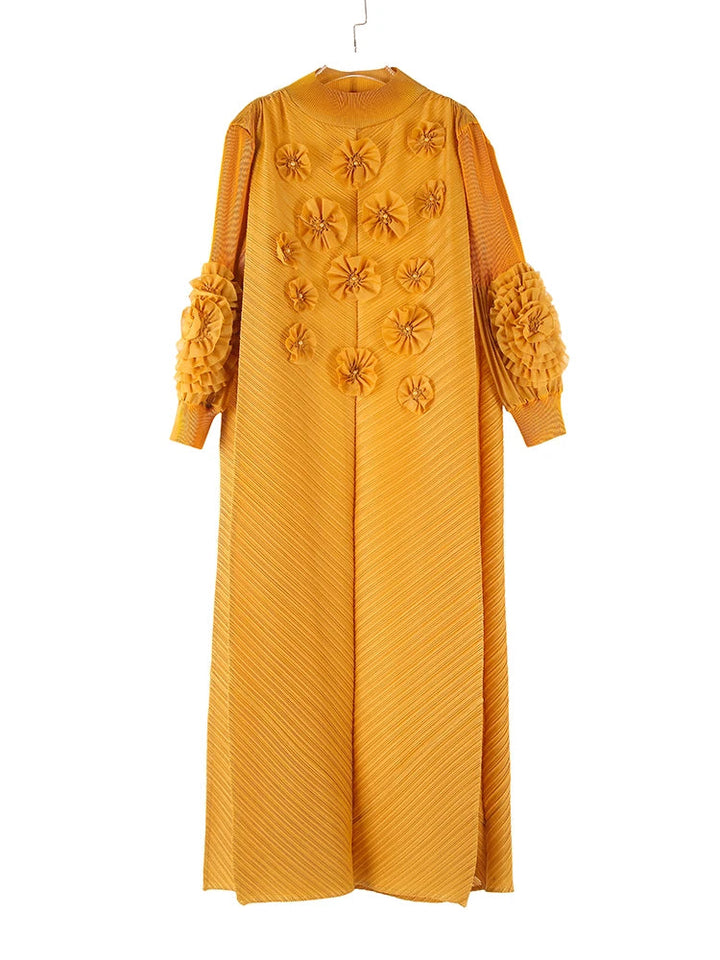 Miyake Fold 2025 Spring/summer New Long Dress Solid Color Nail Beaded Applique Bubble Sleeve Disc Flower Elastic Half-neck Dress SHOPPING HUB