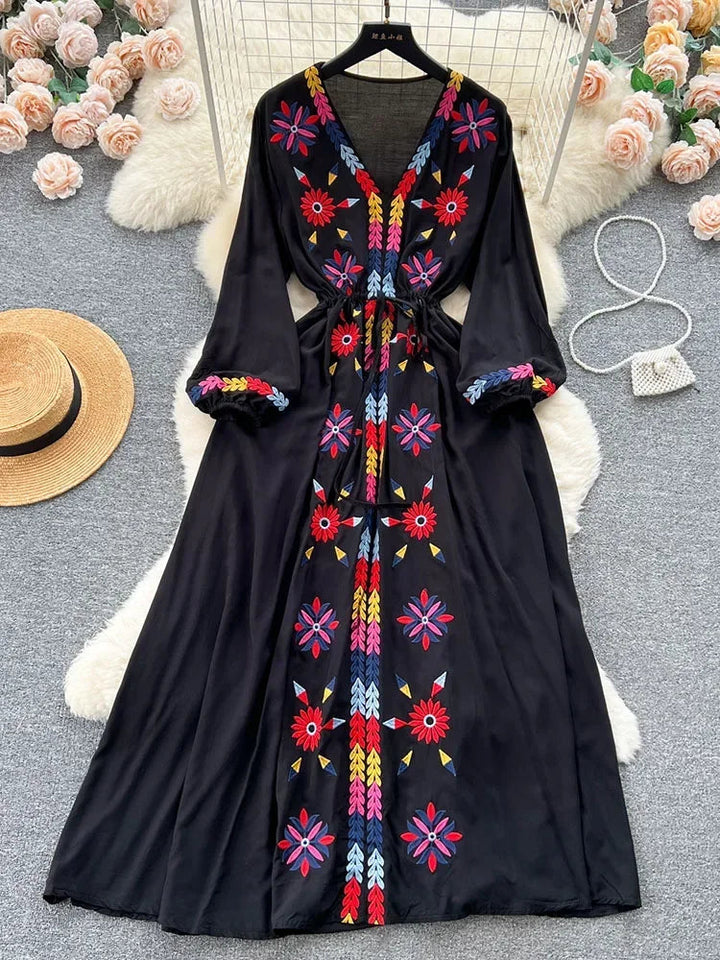 Women Spring Summer Vestidos French Sweet Embroidered V-Neck Drawstring Waist Wrap Retro Ethnic Style Fake Big Swing Dress D5823 SHOPPING HUB