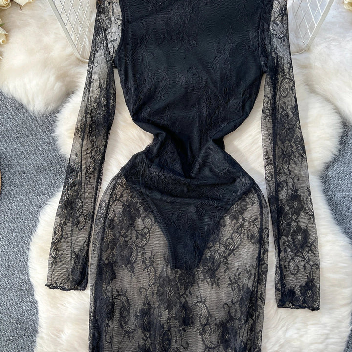 Sexy Dresses Women 2024 European American Dress Autumn Winter New See Through Lace Slim Fit Hip Hugging Long Vestidos SHOPPING HUB