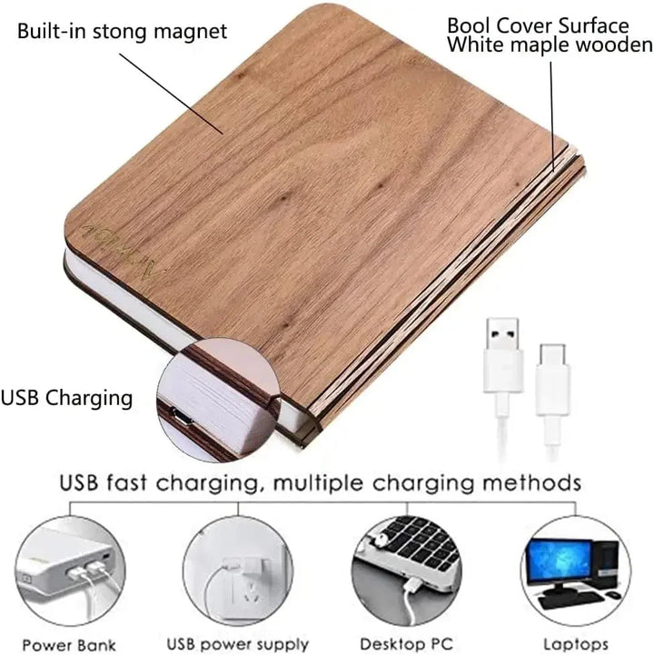 3D Folding Book Light LED Night Light 3-Color USB Charging Portable Wooden Magnetic Table Lamp Decoration Christmas Holiday Gift BLYNTRA