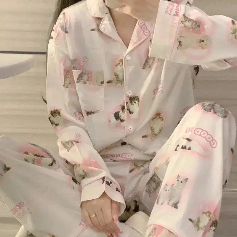 High Quality Ice Silk Cute Cat Print Summer New Thin Pajamas Female Spring Summer Silk Homewear Set Nightwear Sleepwear nightie SHOPPING HUB