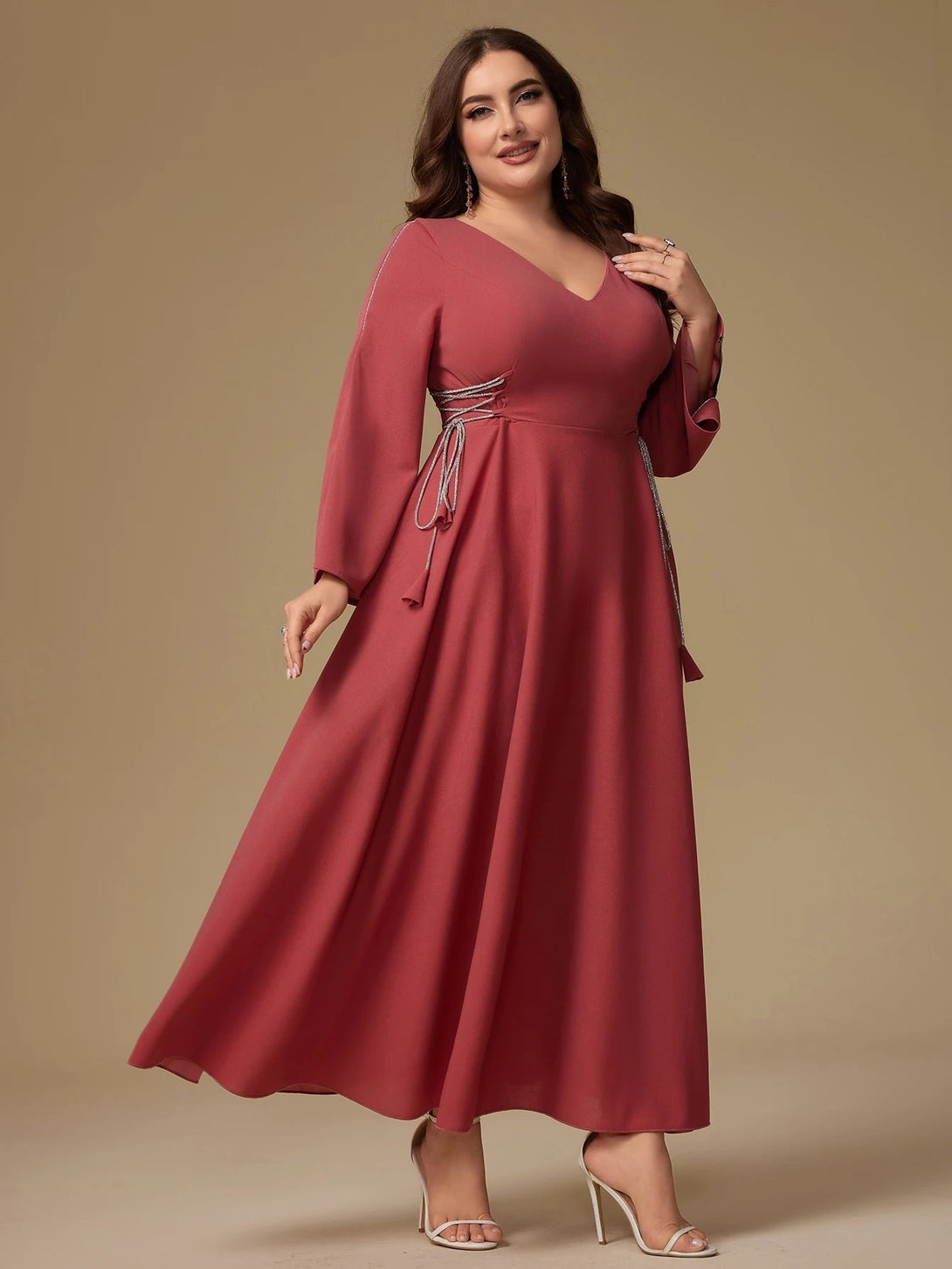Plus Size V-Neck Belted Dress – Rhinestone Detail BLYNTRA