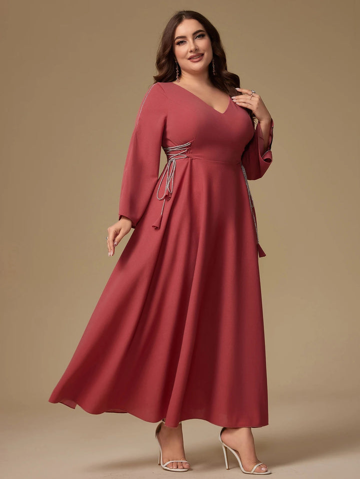 Unithorse Plus Size Women's V-Neck Belt Rhinestone Decor Mid-Length Long Sleeve Dress SHOPPING HUB