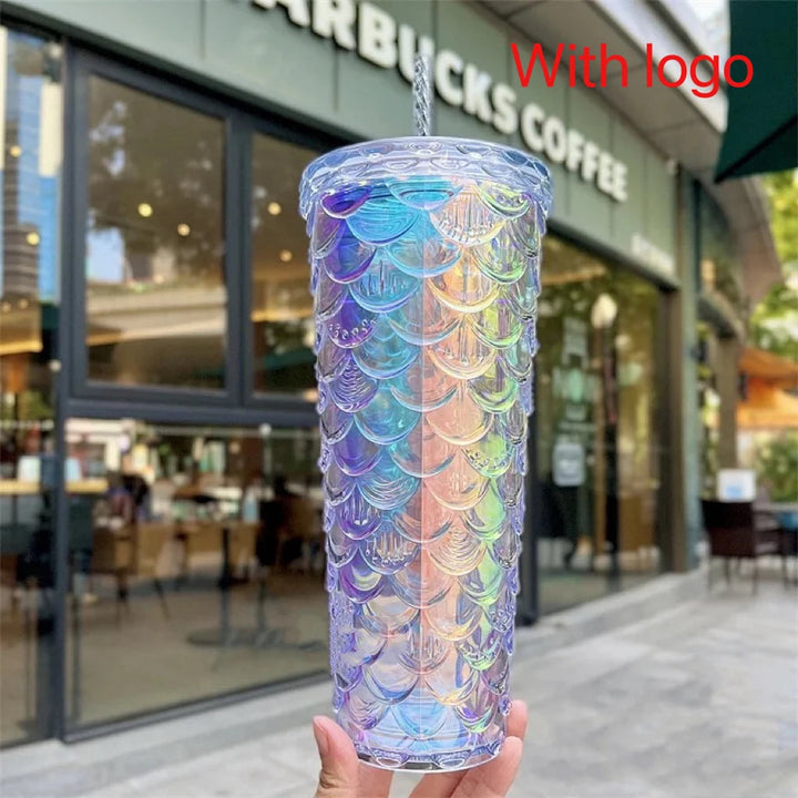 Wholesale New 710ml Diamond Radiant Goddess Durian Cup with Logo Fish Scale Cup Double Layer Reusable with Straw Mug Coffee Cup SHOPPING HUB