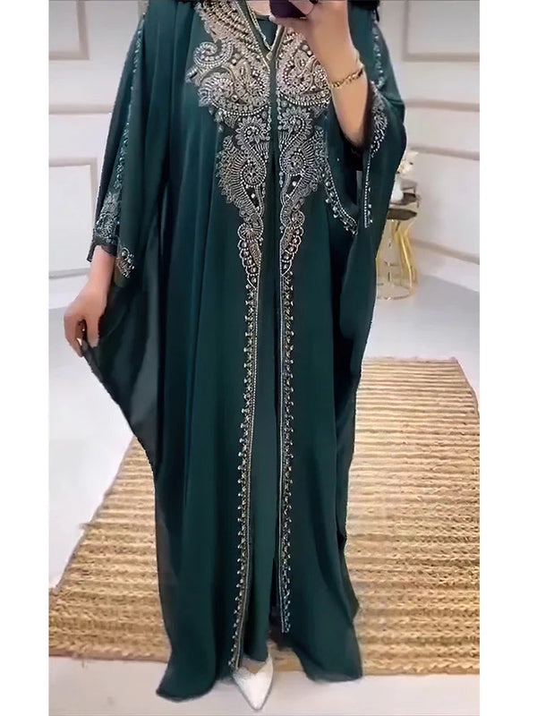 Eid Muslim Dress for Women Hooded Abaya 2 Piece Set Diamond Jalabiya Morocco Party Dresses Dubai Abayas Kaftan Vestido Long Robe SHOPPING HUB