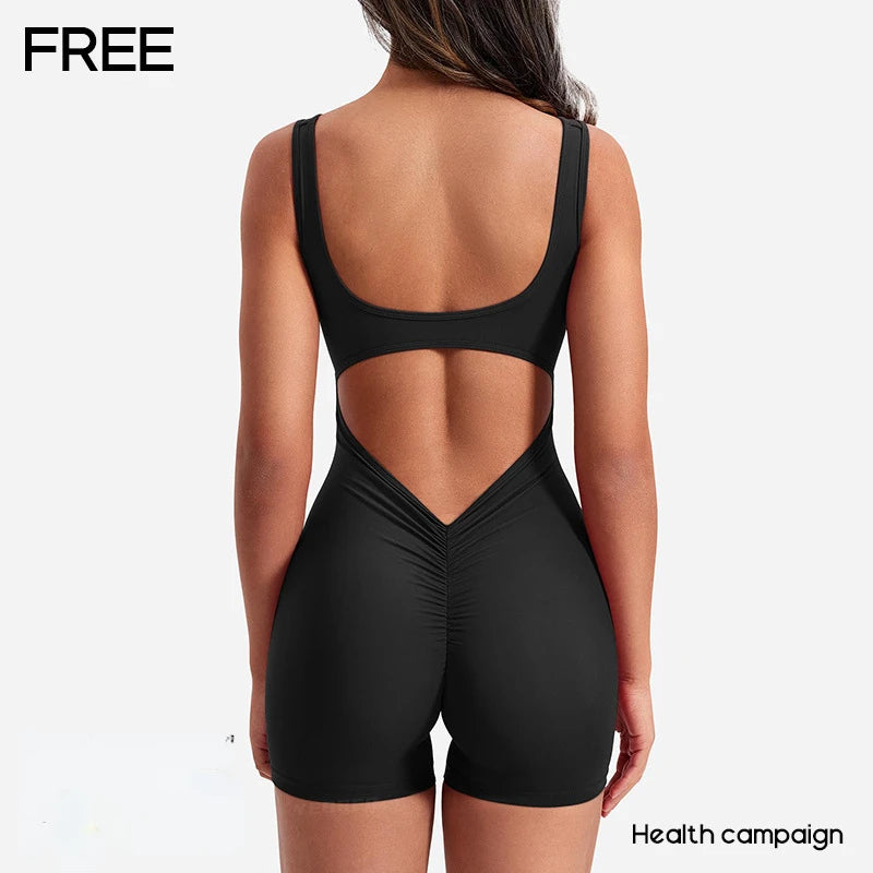 Women's Gym Clothing Yoga Solid Ruched Backless Sleeveless Square Collar Skinny Sexy Rompers Ropa Deportiva Mujer Gym Playsuits BLYNTRA