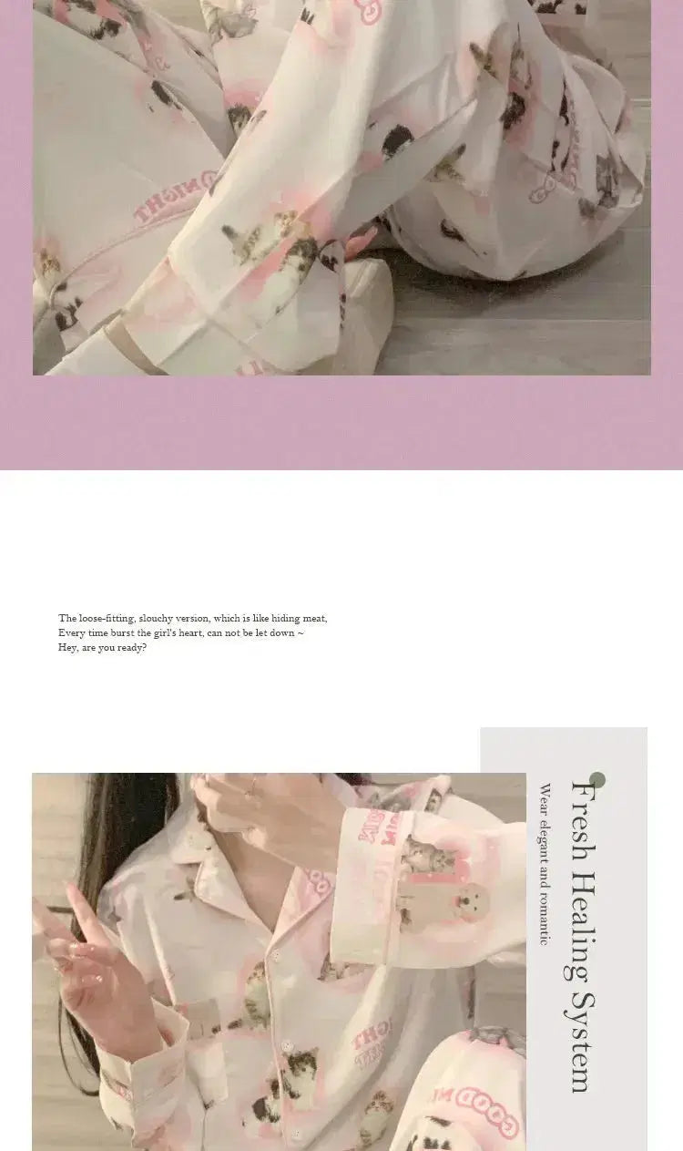 High Quality Ice Silk Cute Cat Print Summer New Thin Pajamas Female Spring Summer Silk Homewear Set Nightwear Sleepwear nightie SHOPPING HUB