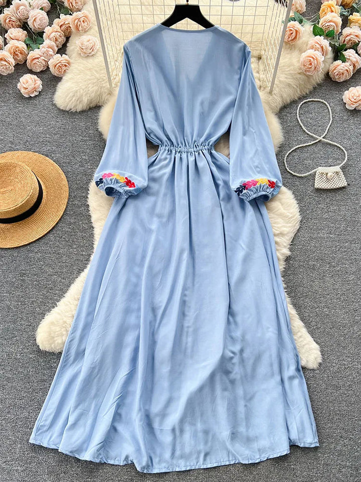 Women Spring Summer Vestidos French Sweet Embroidered V-Neck Drawstring Waist Wrap Retro Ethnic Style Fake Big Swing Dress D5823 SHOPPING HUB