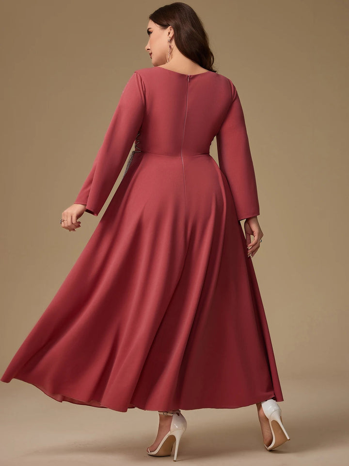 Unithorse Plus Size Women's V-Neck Belt Rhinestone Decor Mid-Length Long Sleeve Dress SHOPPING HUB