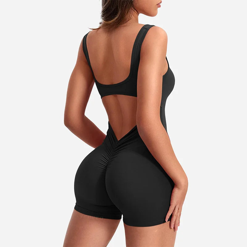 Women's Gym Clothing Yoga Solid Ruched Backless Sleeveless Square Collar Skinny Sexy Rompers Ropa Deportiva Mujer Gym Playsuits BLYNTRA