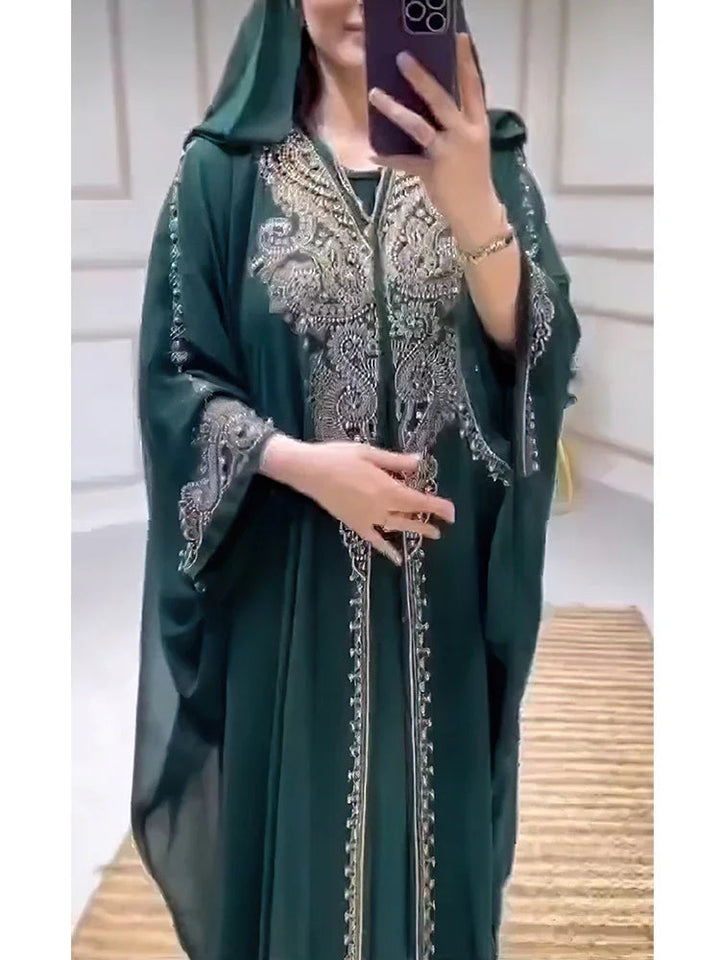 Eid Muslim Dress for Women Hooded Abaya 2 Piece Set Diamond Jalabiya Morocco Party Dresses Dubai Abayas Kaftan Vestido Long Robe SHOPPING HUB
