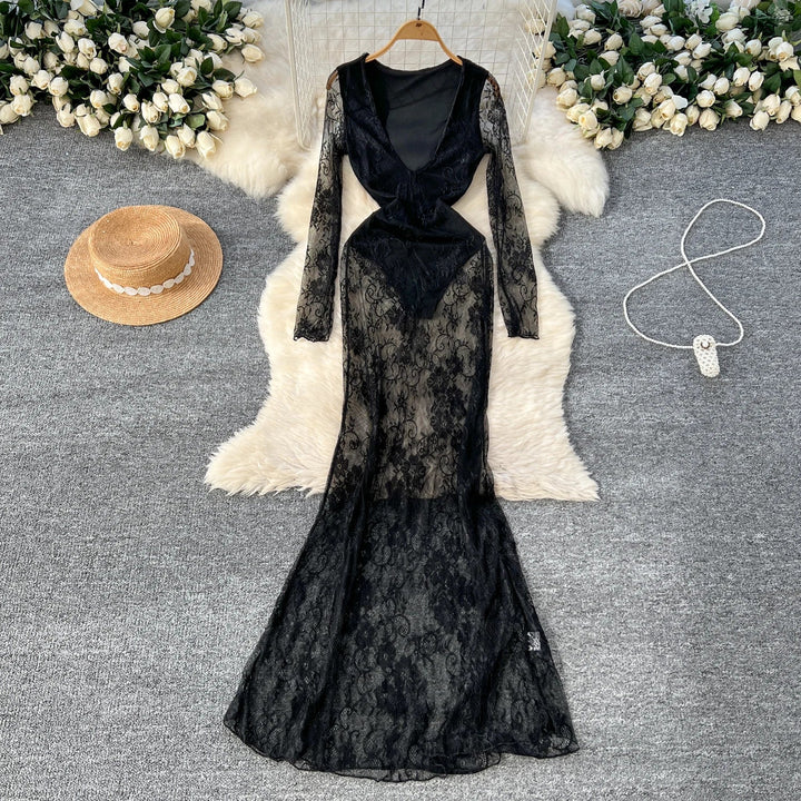 Sexy Dresses Women 2024 European American Dress Autumn Winter New See Through Lace Slim Fit Hip Hugging Long Vestidos SHOPPING HUB