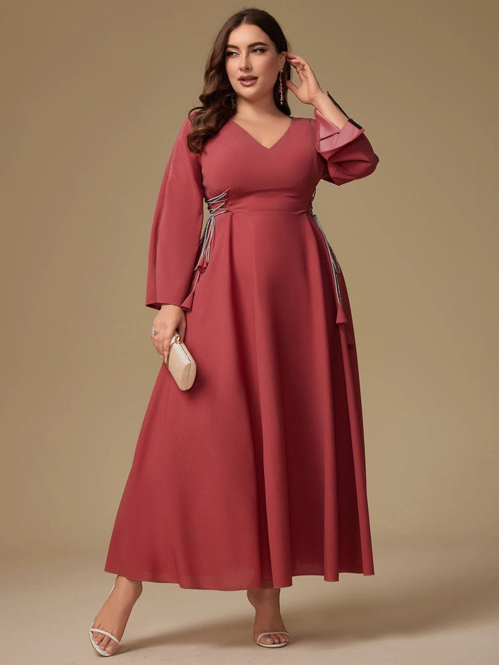 Unithorse Plus Size Women's V-Neck Belt Rhinestone Decor Mid-Length Long Sleeve Dress SHOPPING HUB