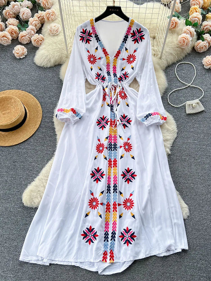 Women Spring Summer Vestidos French Sweet Embroidered V-Neck Drawstring Waist Wrap Retro Ethnic Style Fake Big Swing Dress D5823 SHOPPING HUB